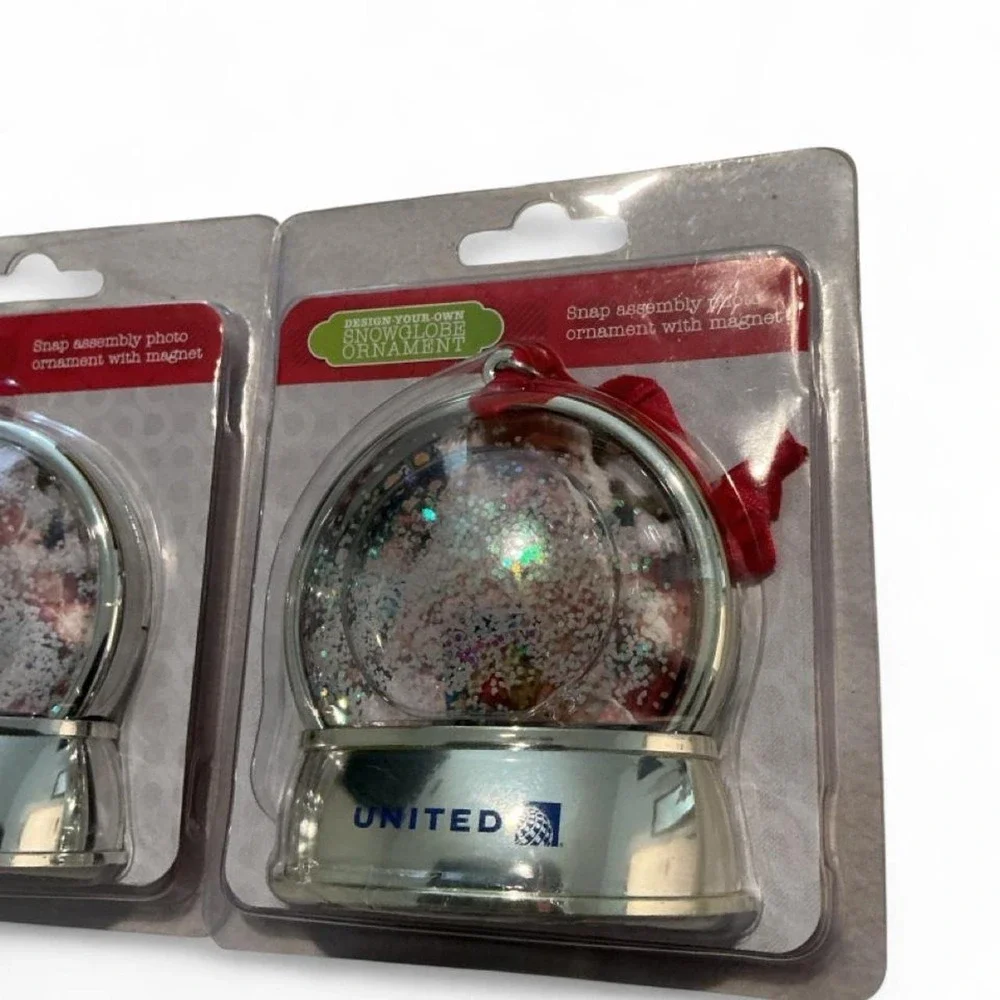 United Airlines Photo Snowglobe Ornament Set 2pc Silver NEW Magnet Ribbon DIY